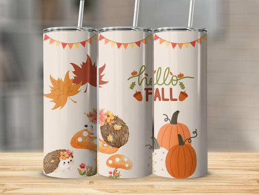 Three fall-themed tumblers with hedgehogs, pumpkins, and "hello FALL" text.