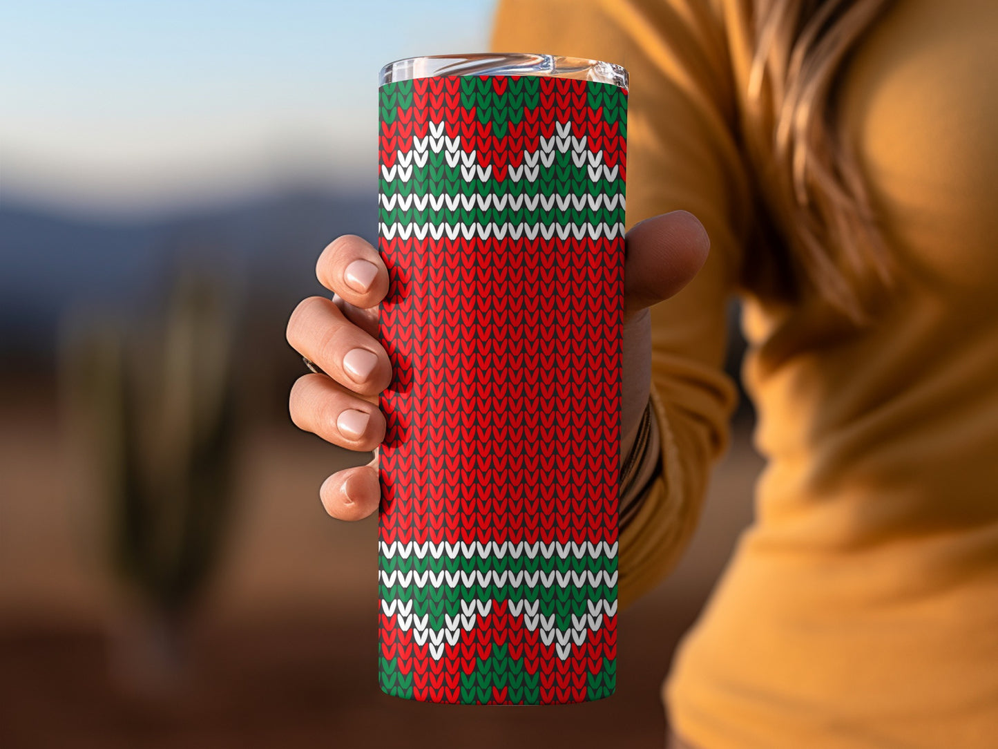 Red and Green Sweater Pattern Holiday Scene Tumblers