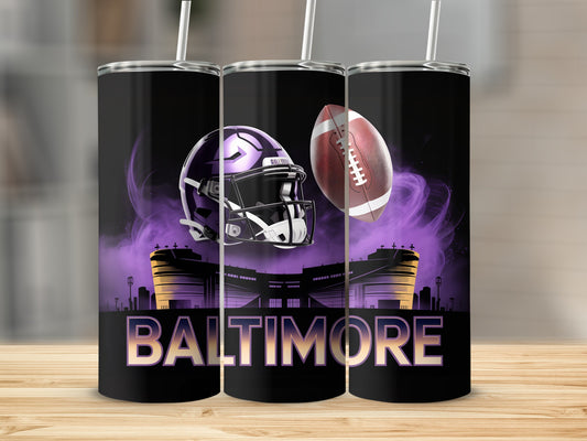 Baltimore Ravens helmet and football with stadium and purple smoke.