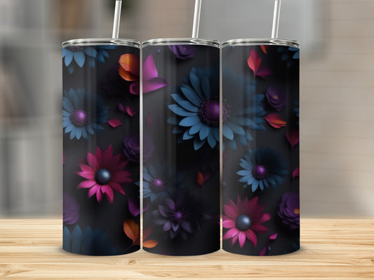 Three tumblers with dark floral designs featuring pink and blue flowers.