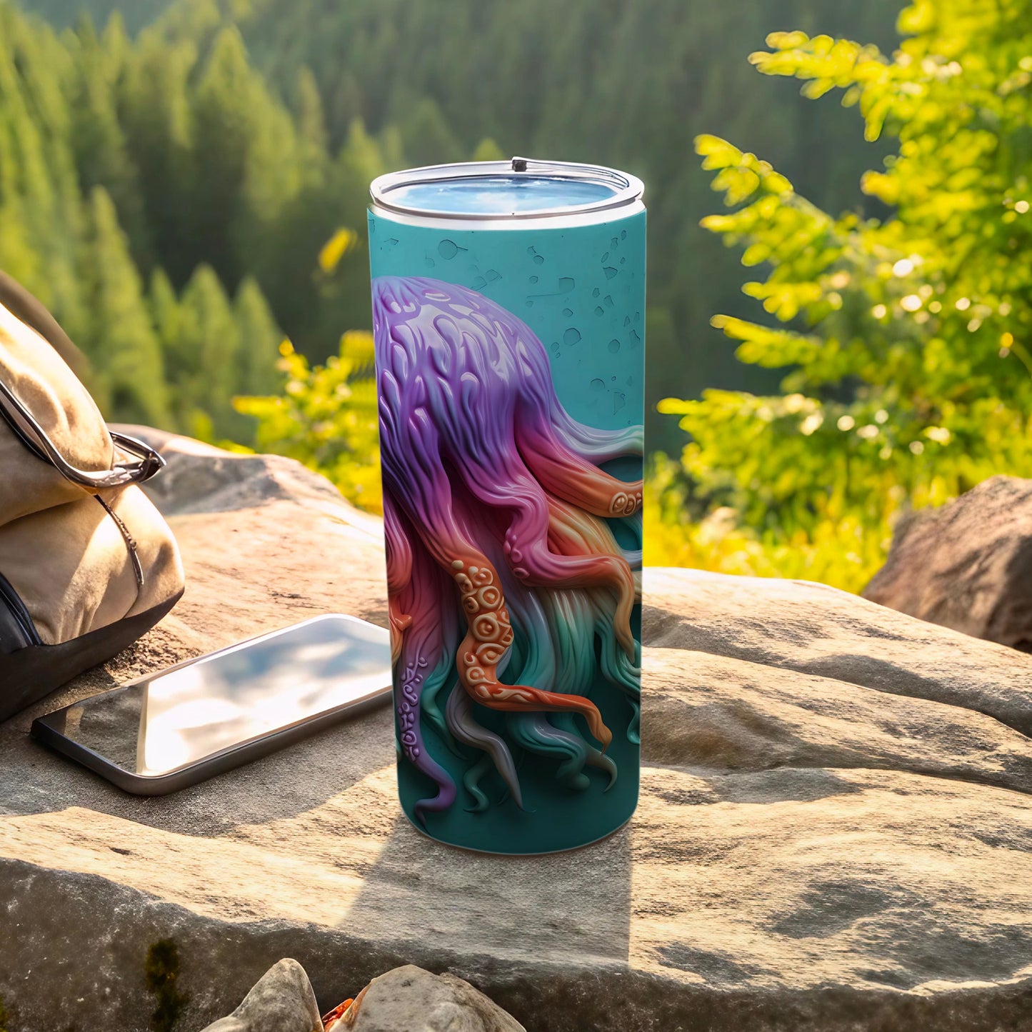 Tumbler with purple and orange octopus tentacles against a teal background.