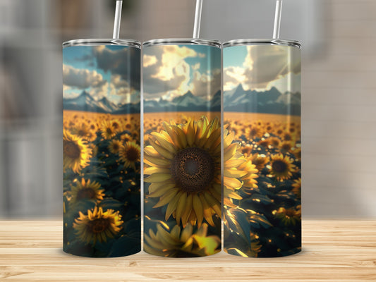 Field of sunflowers under a bright, cloudy sky.