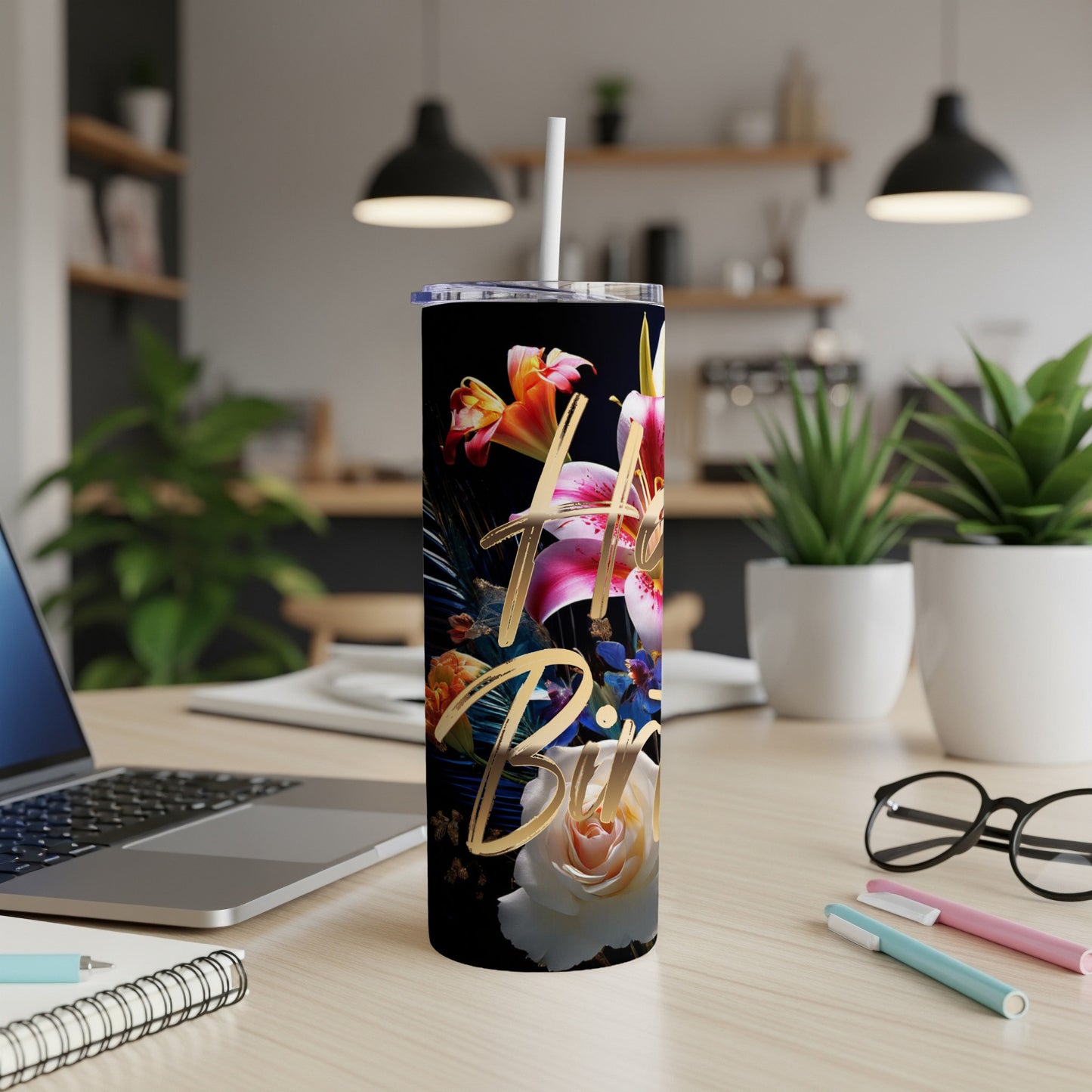 Black tumbler with "Happy Birthday" in gold script and floral accents.