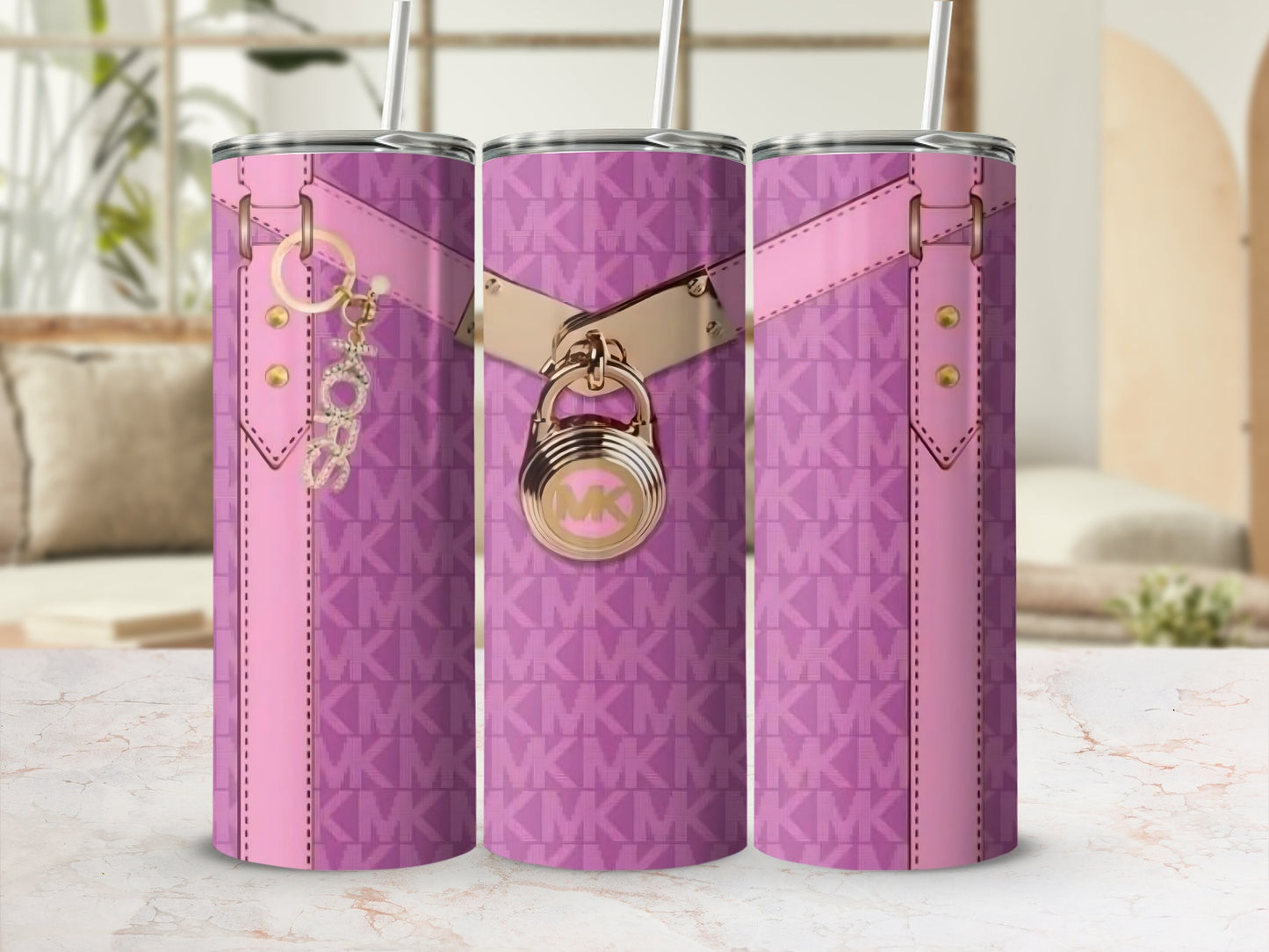 Stylish Pink Tumbler with Unique Lock and Chain Design
