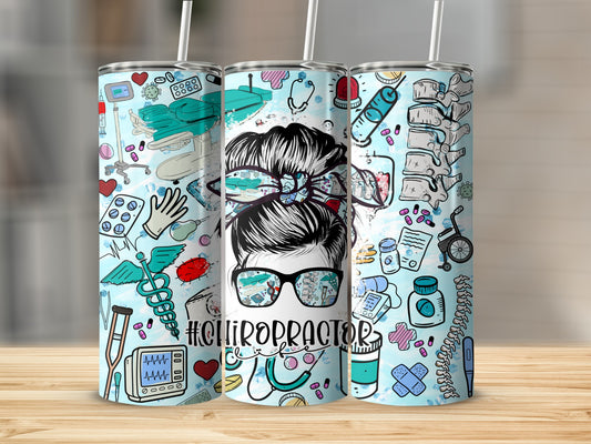 Chiropractor tumbler with medical doodles and "#Chiropractor" text.