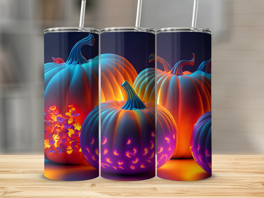 Three tumblers featuring glowing pumpkins and autumn leaves design.