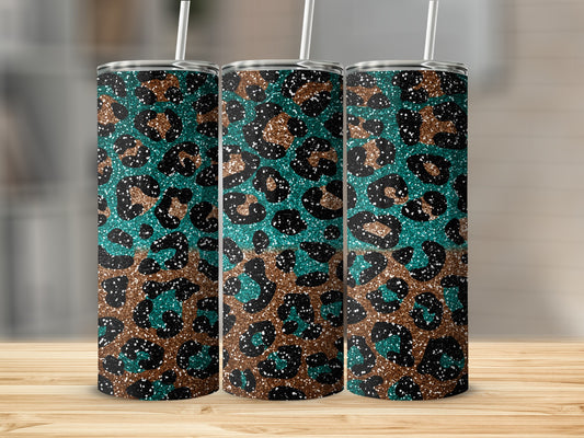 Three tall tumblers with a teal and brown leopard print pattern.