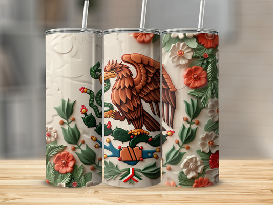 Three tumblers featuring the Mexican flag emblem with floral accents.