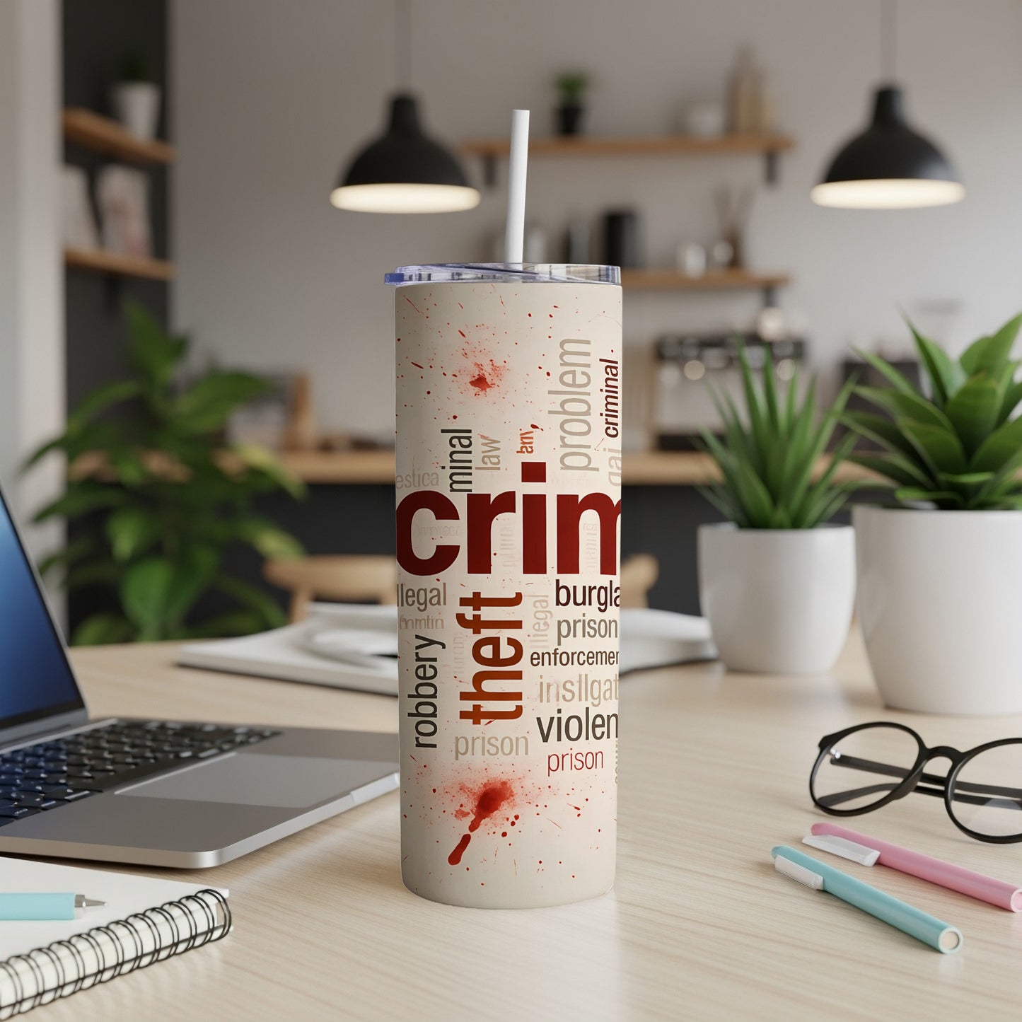 Tumbler with "crime" and related words in a word cloud pattern with blood splatters.