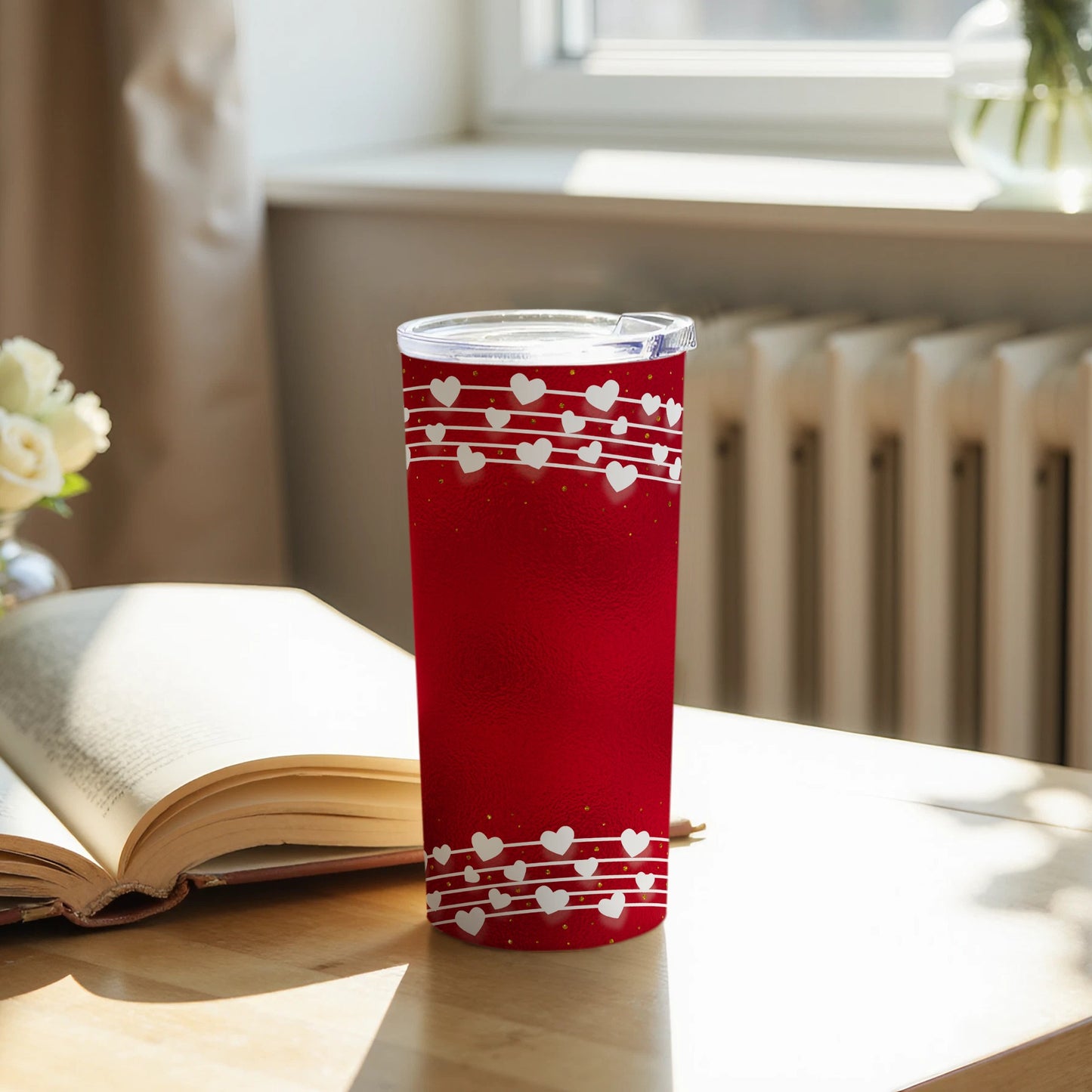 Red Tumbler with Heart Design and Band Accents