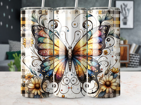 Butterfly with floral accents on a plaid background, three tumblers shown.