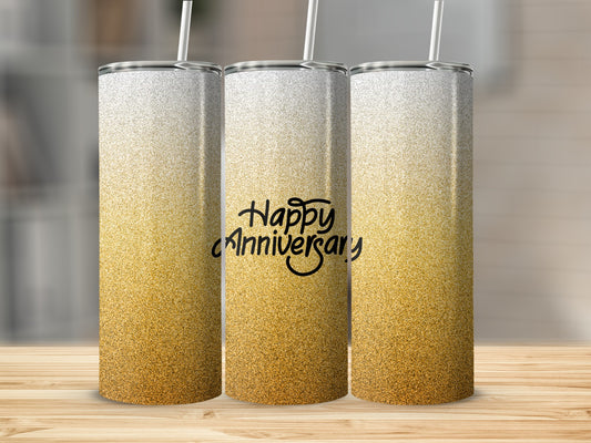 Three glitter tumblers with "Happy Anniversary" text on the middle one.