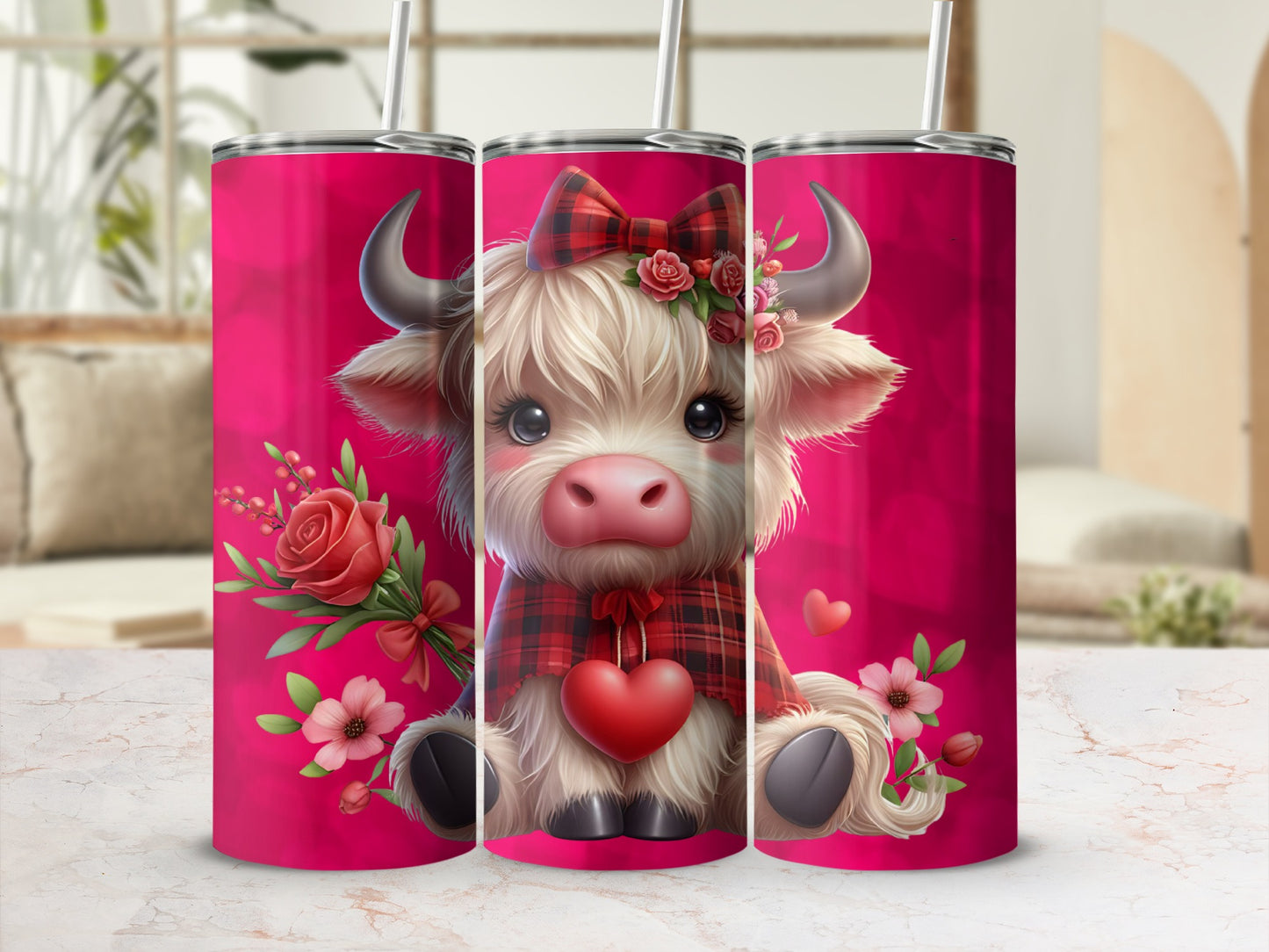 Adorable Highland Cow Pink Floral Tumbler