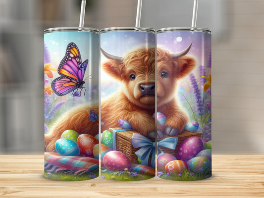 Fluffy highland calf with Easter eggs and butterfly, surrounded by flowers.