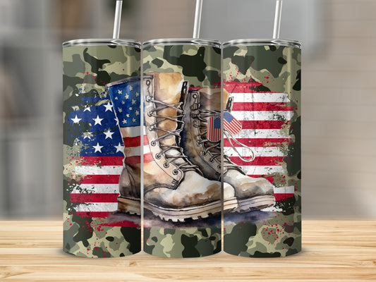 Camouflage tumbler with distressed American flag and combat boots.