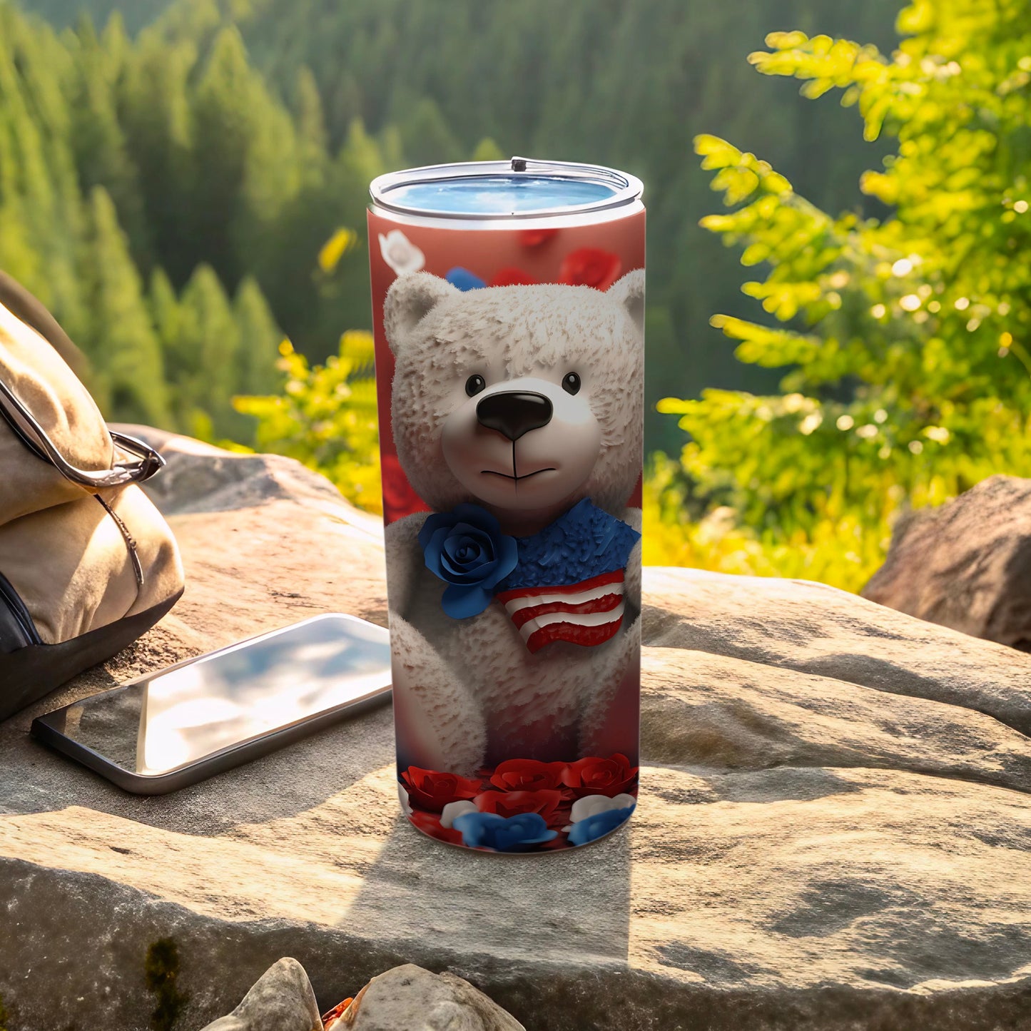 White teddy bear in patriotic USA ribbon and bandana on tumbler.