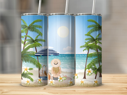 Beach scene with palm trees, umbrella, and woman sitting on sand, on a tumbler.