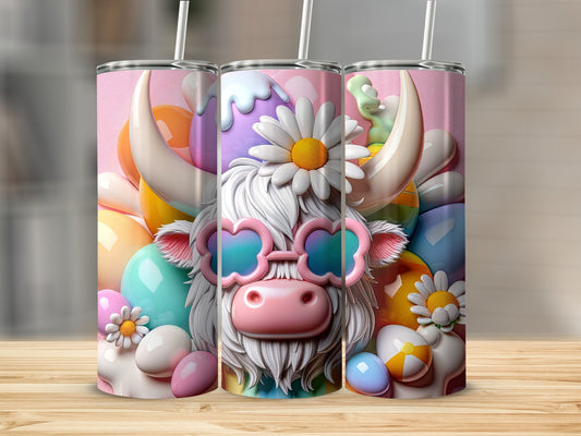 Pink Highland cow with colorful sunglasses and floral accents on tumbler.
