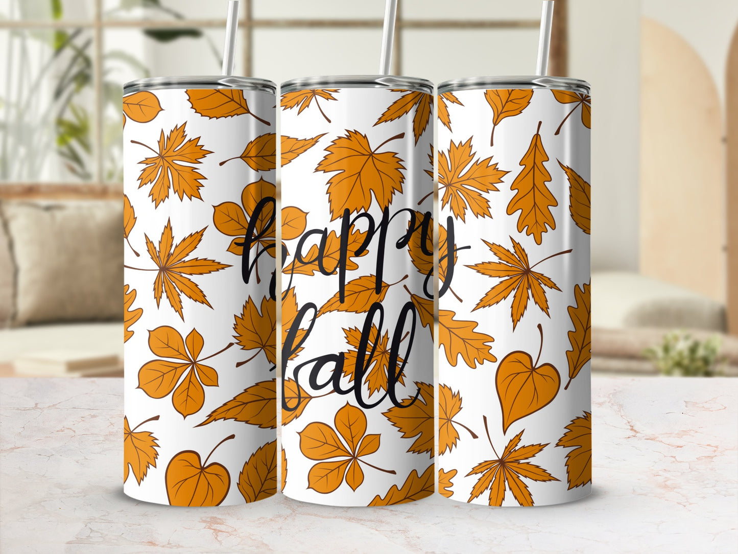 Happy Fall Orange Leaf Design Tumbler with Straw