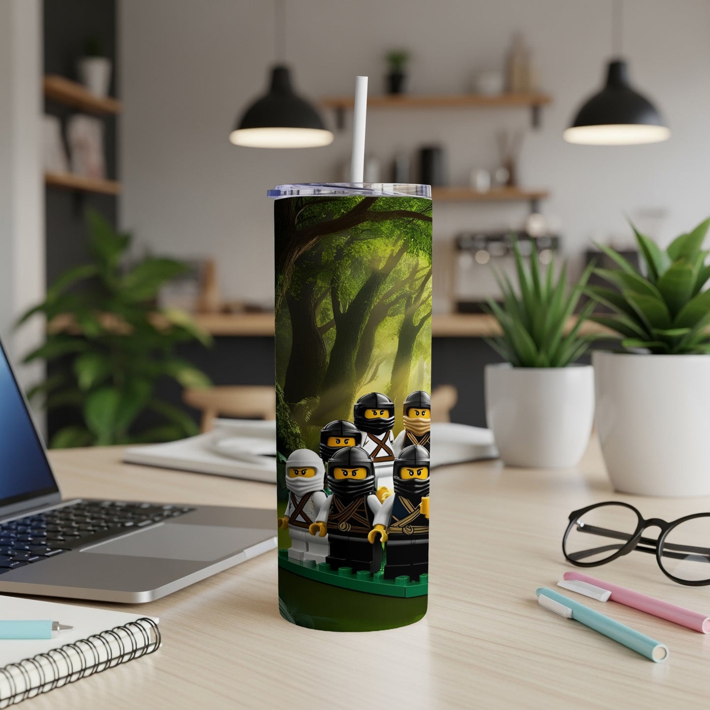Ninjago minifigures in a forest scene on a tumbler.