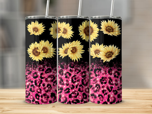 Black tumbler with sunflowers and pink leopard print.