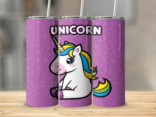Purple tumbler with unicorn and colorful mane on speckled background.