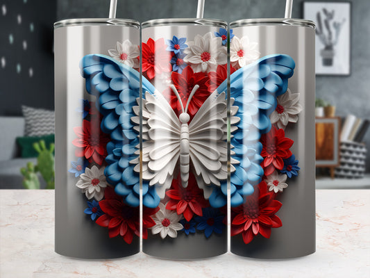 Butterfly design on tumblers with red, white, and blue flowers.