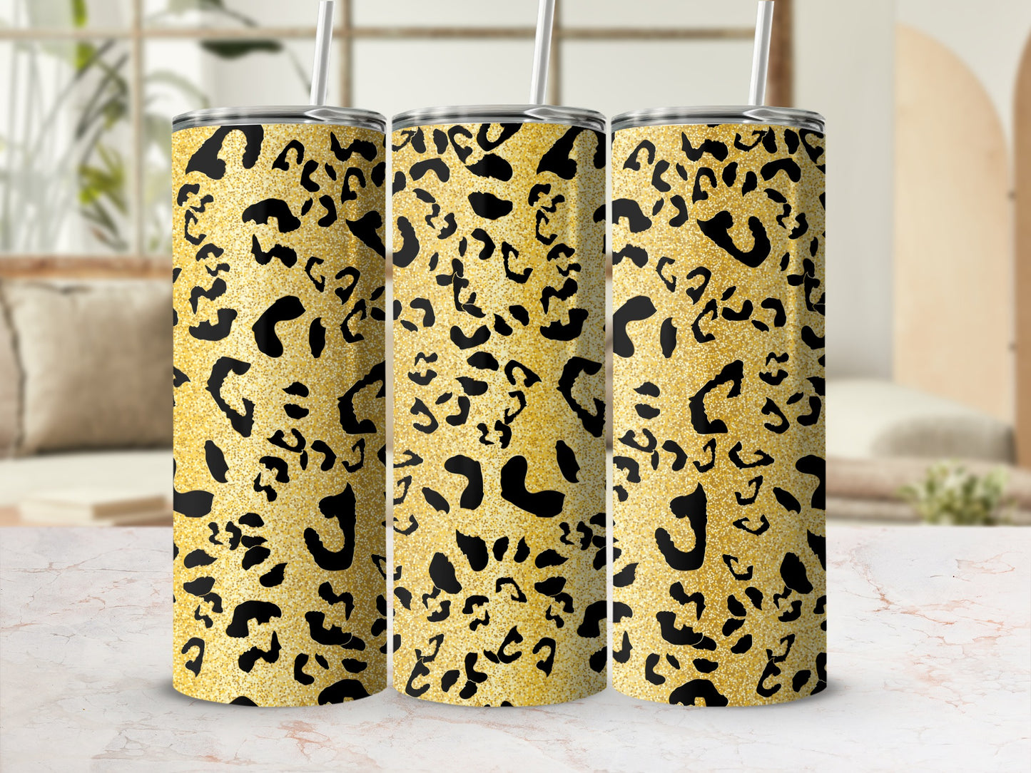 Glitter Leopard Print Stainless Steel Tumbler Cup