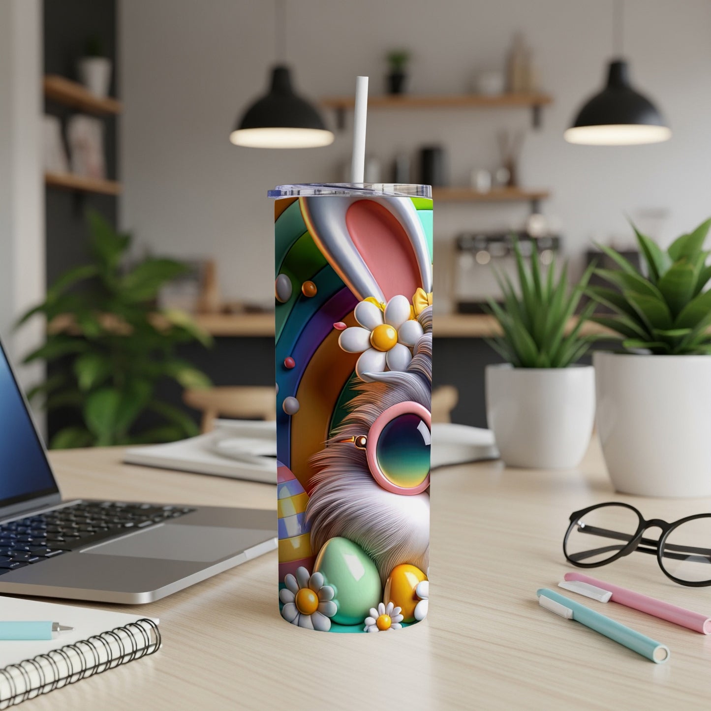 Easter bunny tumbler with sunglasses and colorful rainbow and eggs.