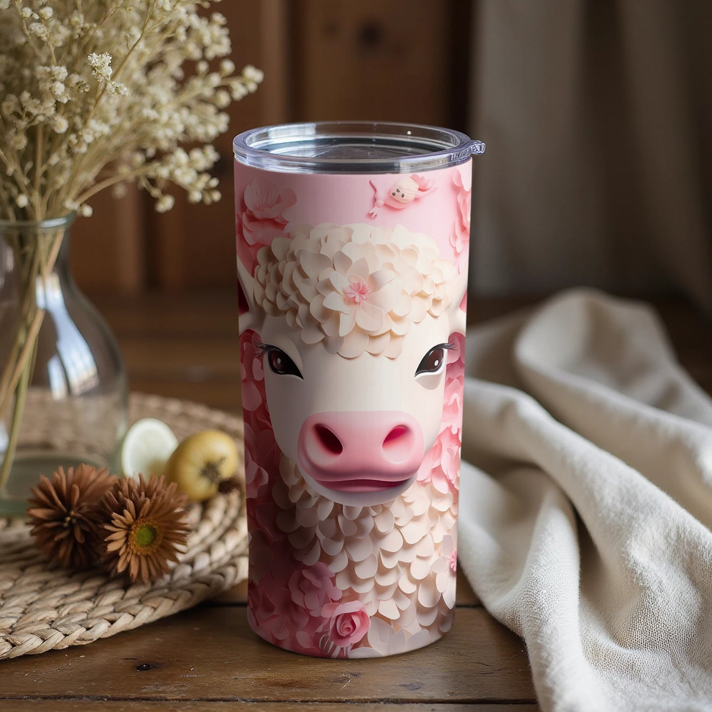 Charming Pink Petal Cow Face Pattern Tumbler product type
Pink tumbler
Cow design
Floral pattern
Cute animal
Petal art
Blossom theme
Drinkware
Tumbler cup
Pink aesthetic
Farm animal
Calf image
Flower cow
Unique design
Gift idea
Beverage holder
Whimsical art
Pastel colors
Sweet design
Kawaii style
Travel mug
