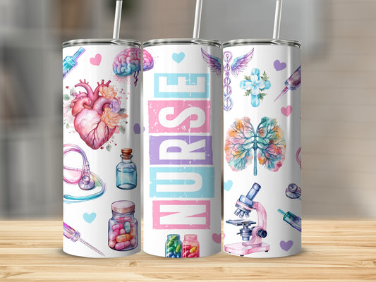 Three tumblers with medical and brain designs, featuring the word "NURSE".