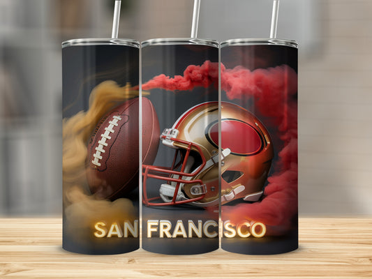 San Francisco 49ers helmet and football with red smoke.