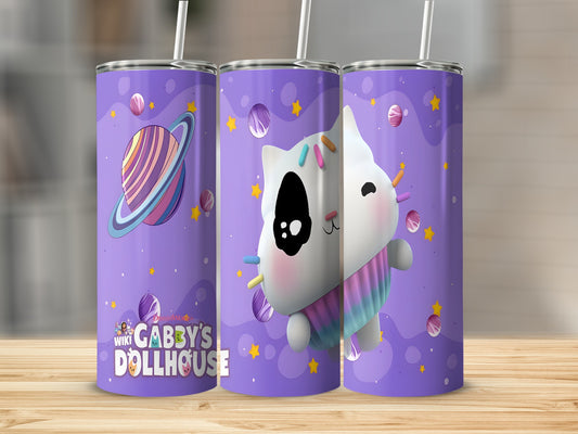 Gabby's Dollhouse purple tumbler with cat character and space scene.