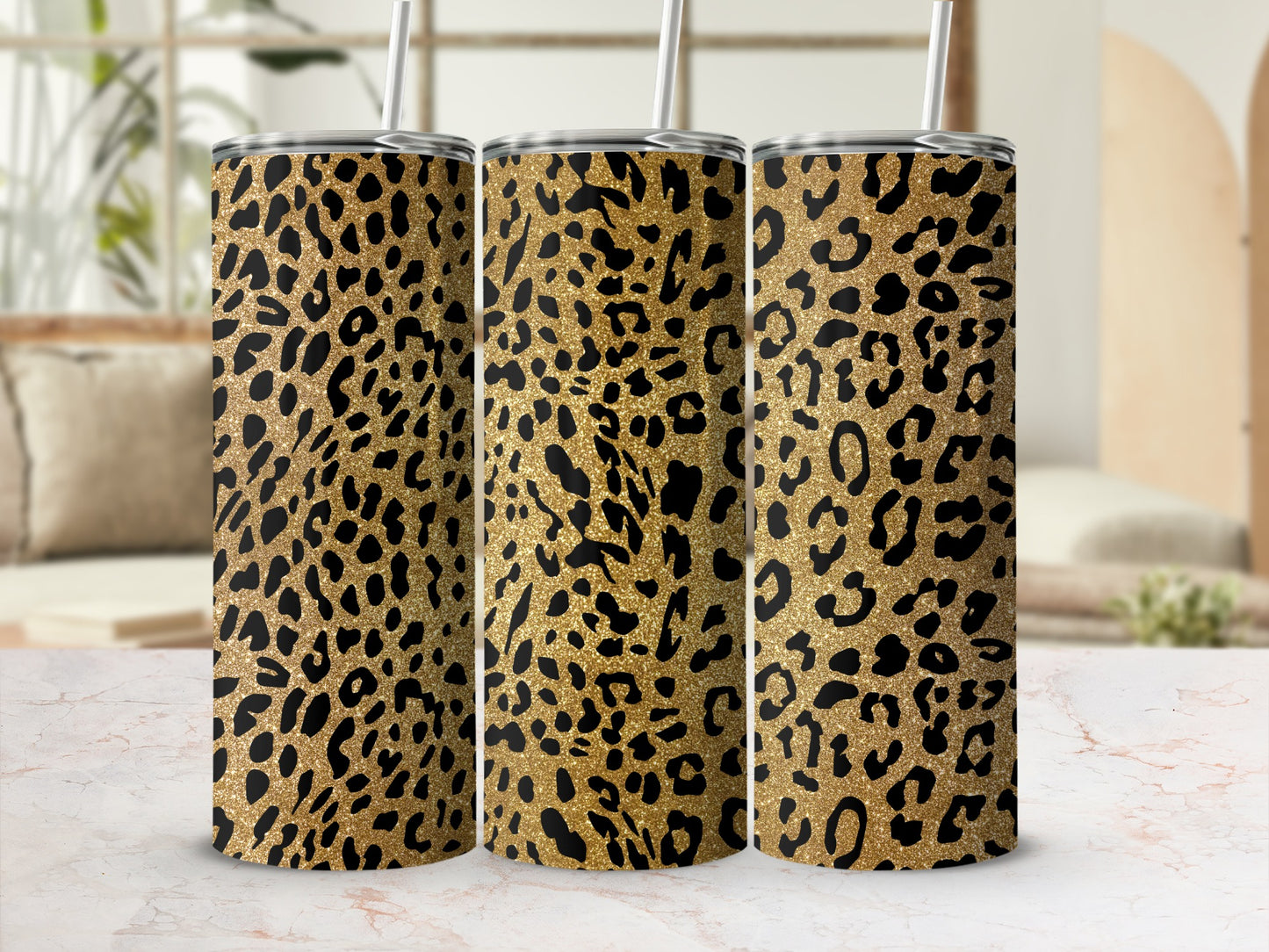 Leopard Print Glitter Tumbler with Straw 20 oz