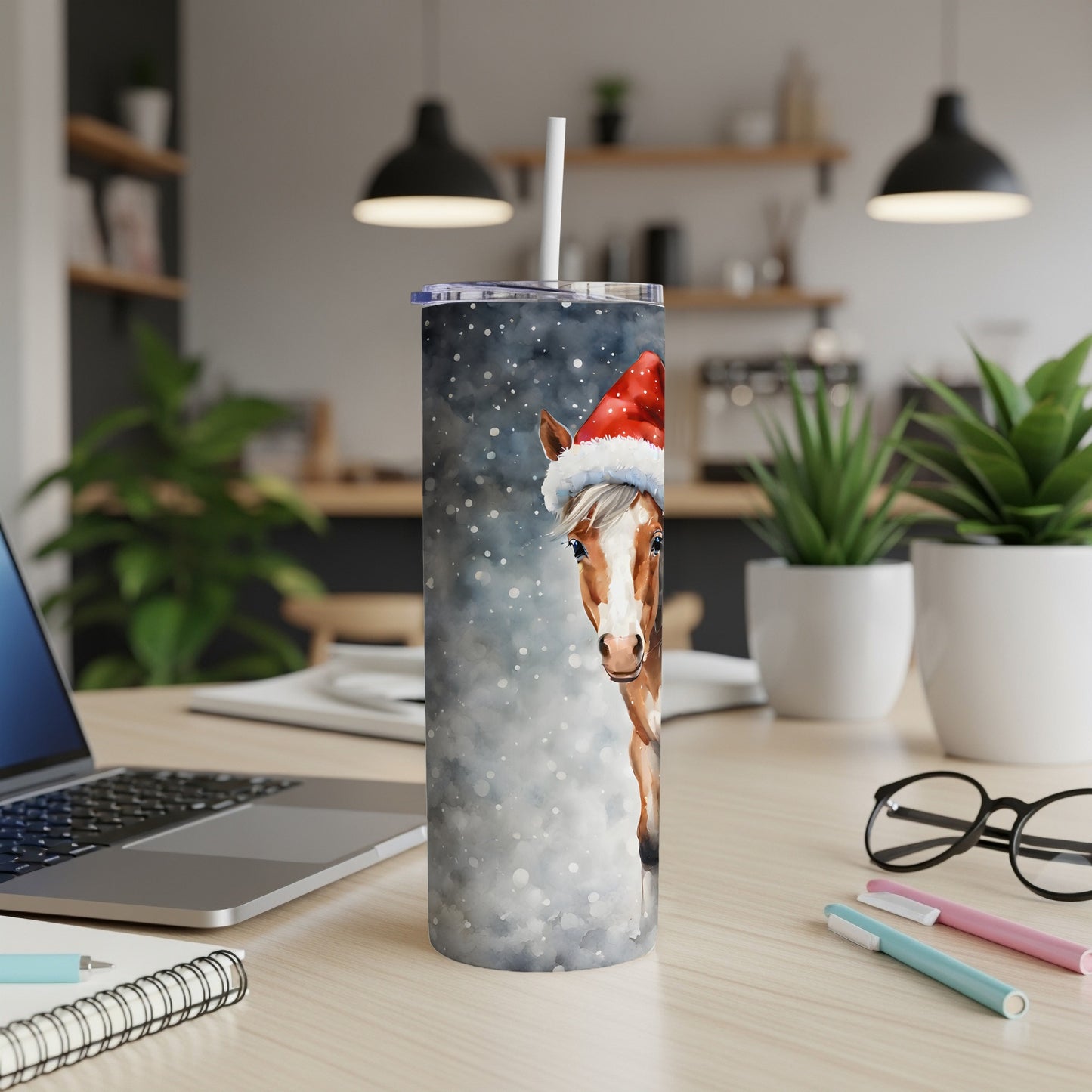 Horse wearing Santa hat, peeking from side of snowflake-patterned tumbler.