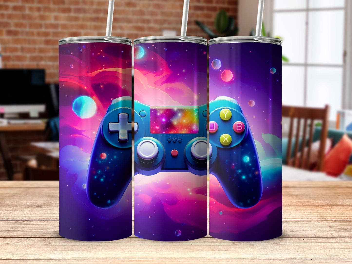 Vibrant Game Controller Space Themed Tumbler