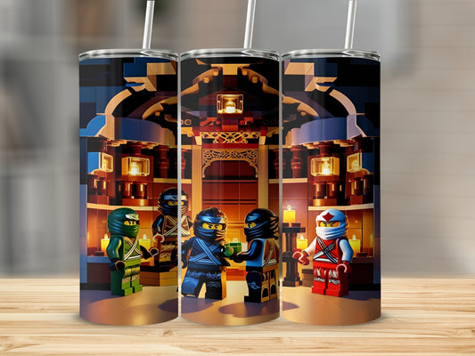 LEGO Ninjago characters in a temple, shown on three tumblers.