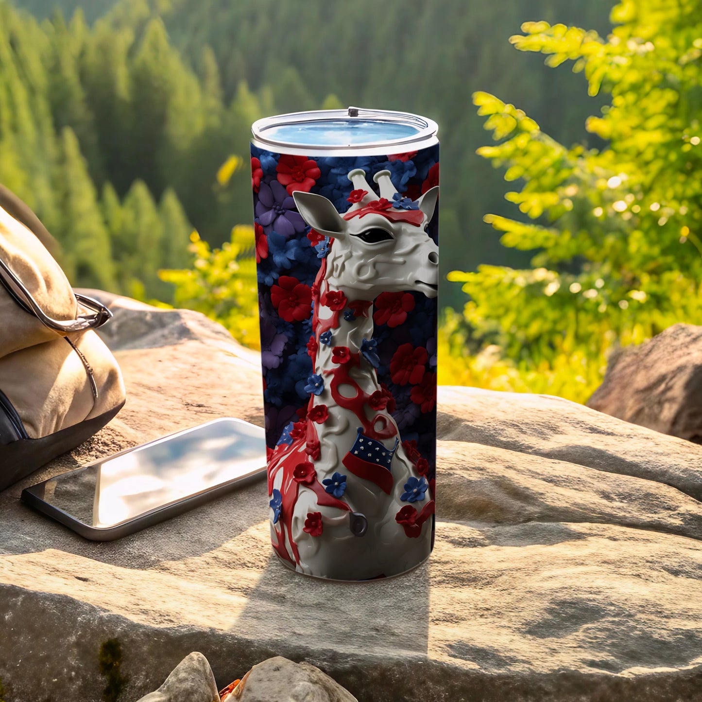 Giraffe tumbler with red, white, and blue floral and flag design.