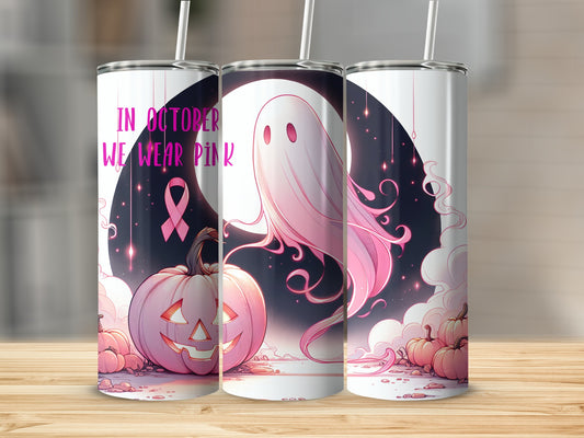 Pink ghost, jack-o'-lantern, and pumpkins with breast cancer awareness ribbon.