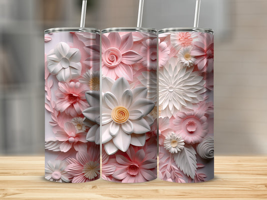 Three tumblers with delicate pink and white floral designs.