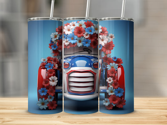 Red, white, and blue floral-decorated car front on a blue background.