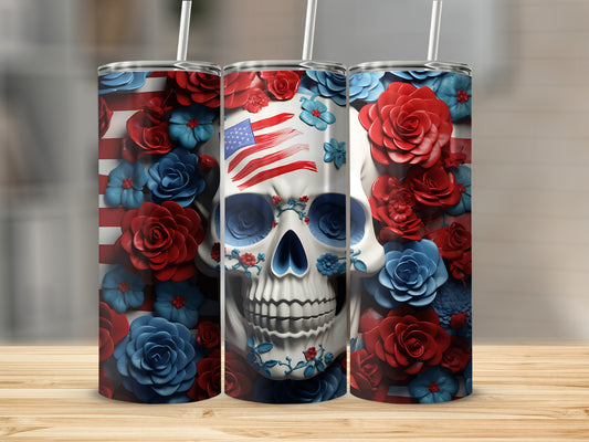 Skull tumbler with red and blue flowers and American flag design.
