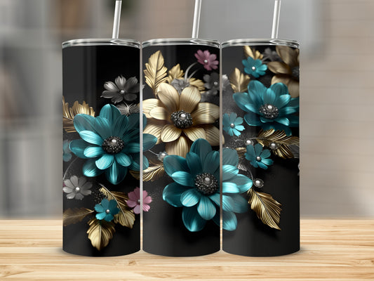 Three tumblers with teal and gold floral designs on a wooden surface.