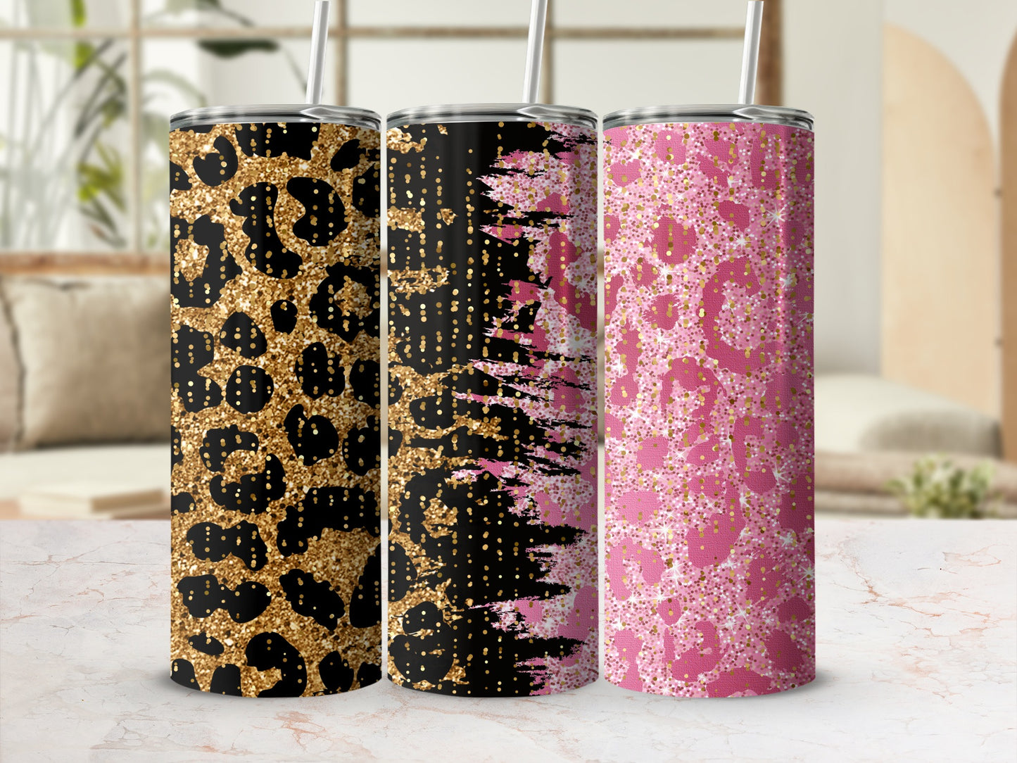 Glitter Leopard and Pink Print Tall Tumbler Cup