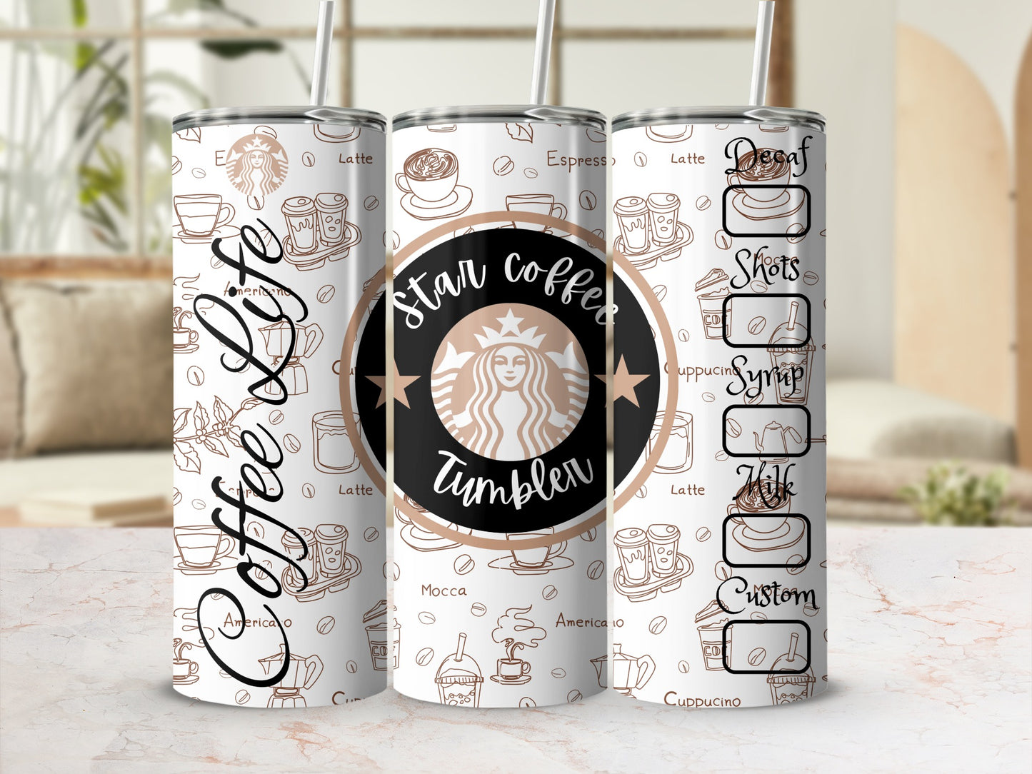 Stylish Star Coffee Tumbler Customized with Coffee Icons