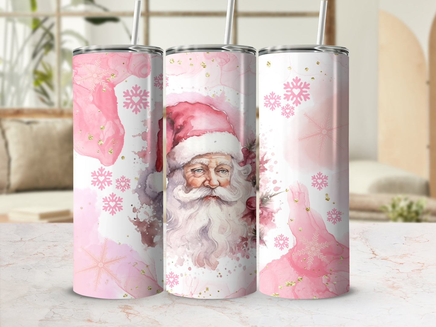 Pink Festive Santa Claus with Snowflakes Tumbler