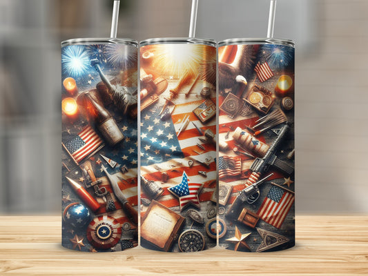 USA patriotic collage with Statue of Liberty, flag, fireworks, and military items.