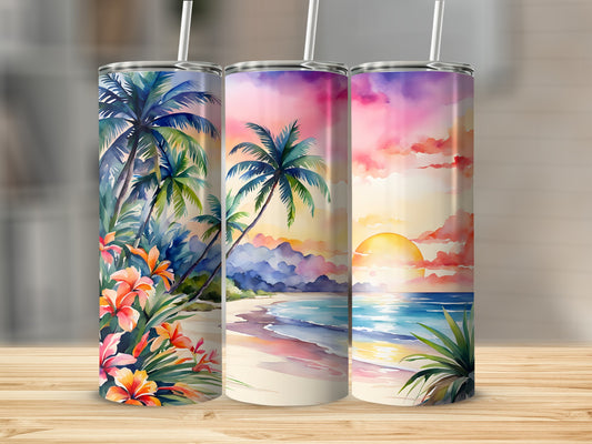 Three tumblers featuring tropical beach sunset watercolor art.