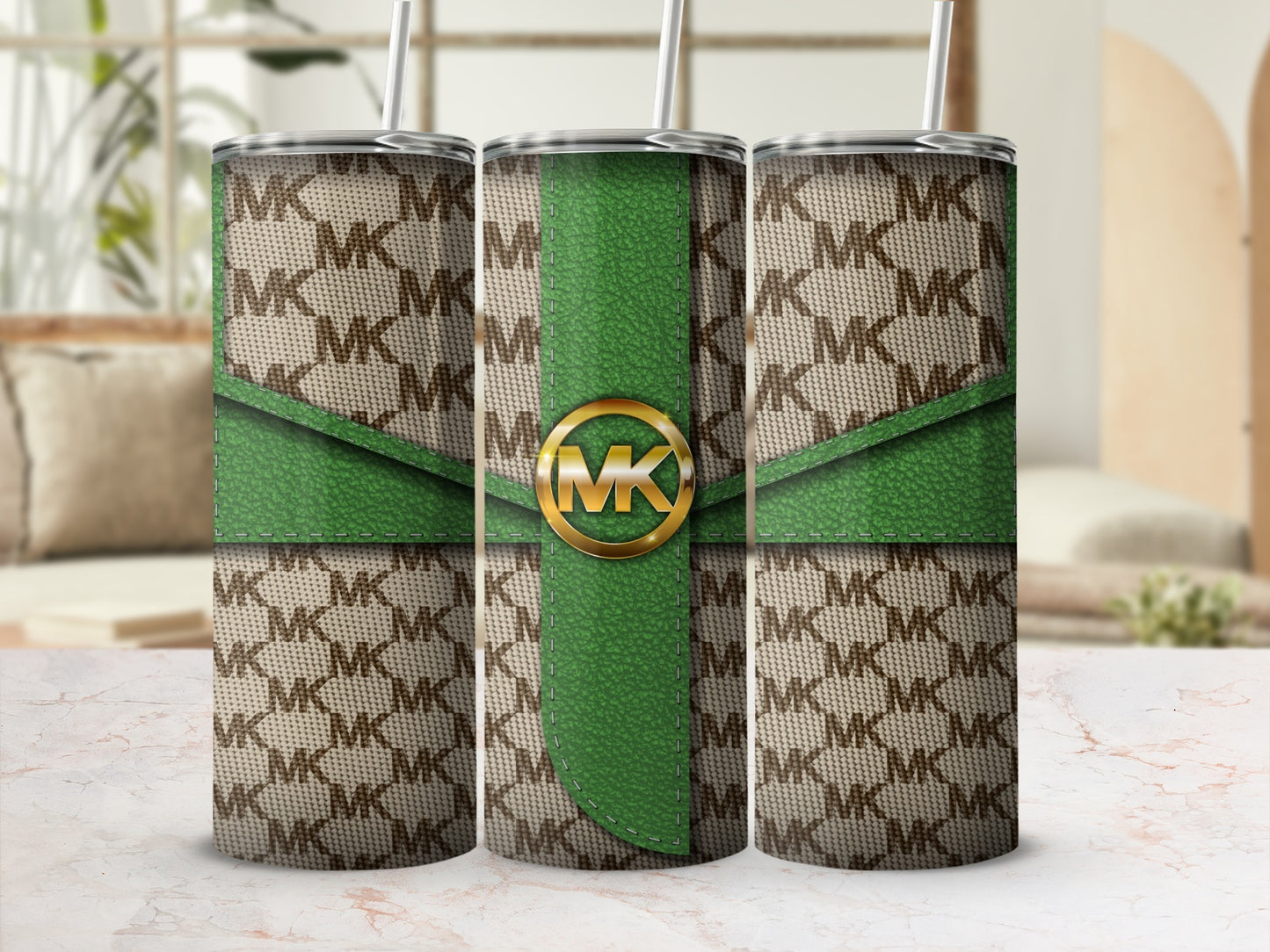 Stylish Green MK Logo Pattern Insulated Tumbler