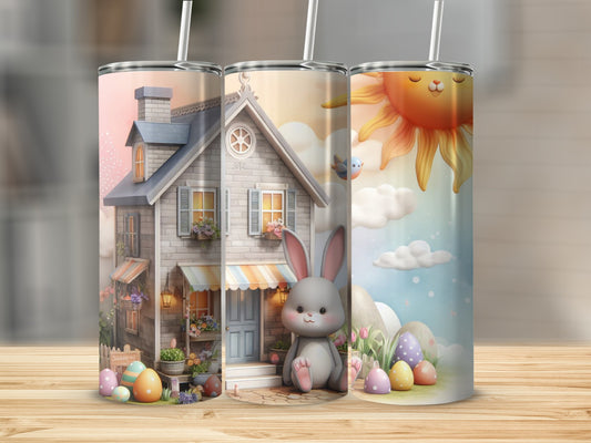 Easter bunny with eggs and sun in front of houses.